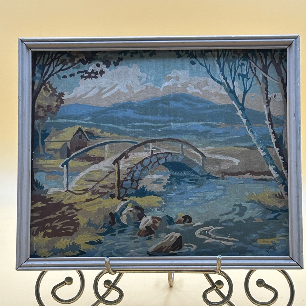 Vintage paint by number or oil painting, landscape with bridge